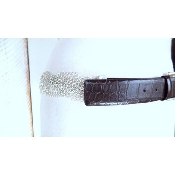 90s vintage Anne Klein brown leather silver metal mesh link chain bel